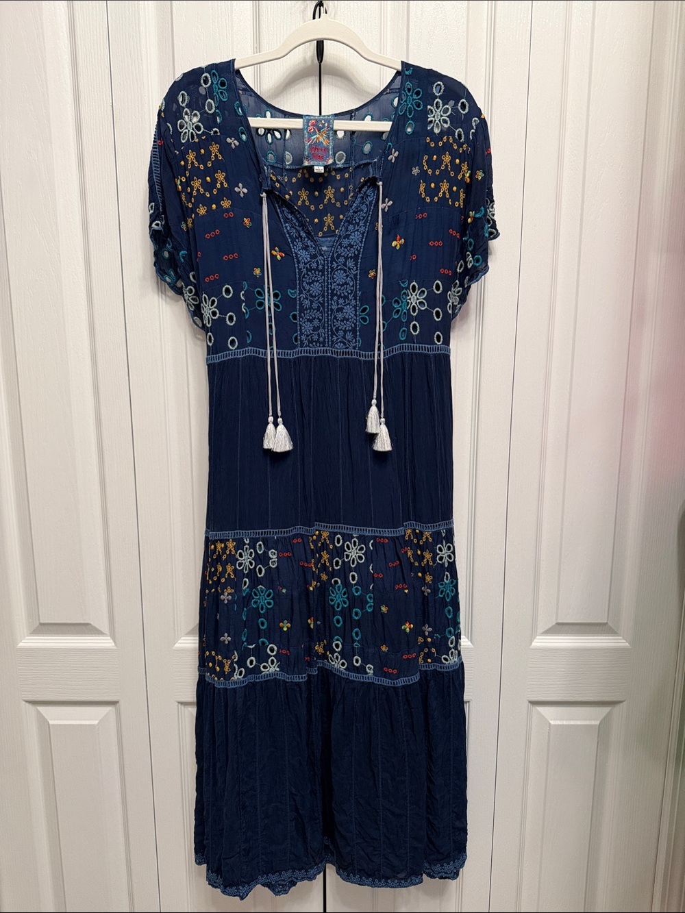 Johnny Was Navy Embroidered Tassel Maxi Dress + Cotton Slip